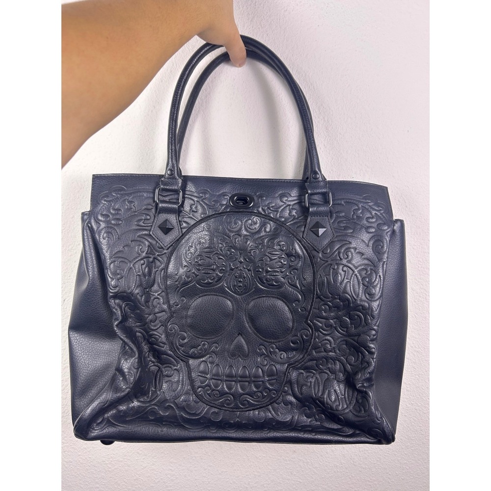Loungefly Black Embossed Sugar Skull Tote Bag Floral Scrollwork Handbag (FLAW)